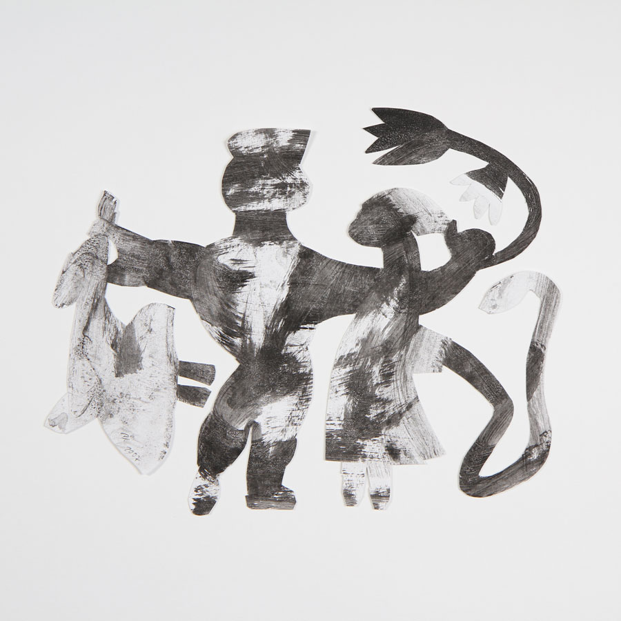 Das Bild zeigt einen Scherenschnitt aus einem zuvor abstrakt bemalten, schwarz-weißen Papier. Es wurden Figuren herausgeschnitten.
